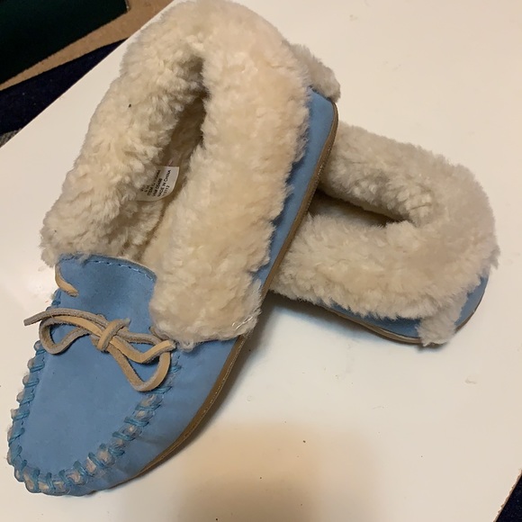 L.L. BEAN BLUE SHERPA MOCCASINS LEATHER FUR LOAFERS SHEARLING SLIPPERS SZ 5 WARM - Picture 9 of 14